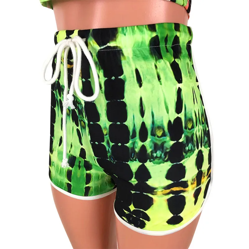 

Nightclub Crop Hooded Sexy Two Piece Sets Sleeveless Tie Dye Print Drawstring Shorts Casual Streetwear Outfits Sport Sets Summer