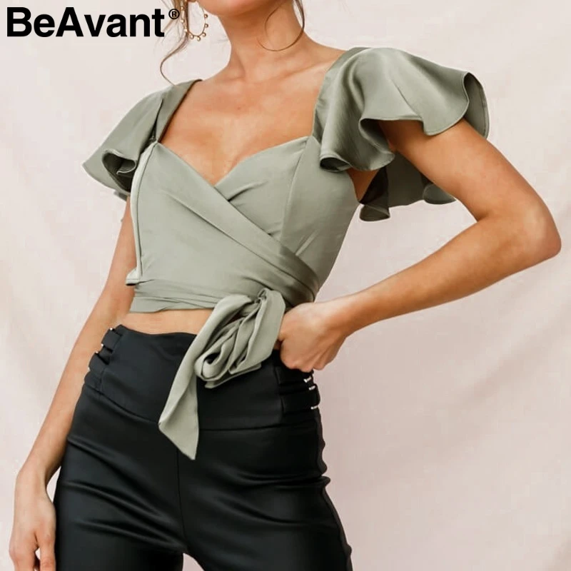 BeAvant, сексуальные зеленые женские Сатиновые топы, с оборками, с поясом, женские летние укороченные топы, камзол, вечерние, Клубные, женские облегающие Топы