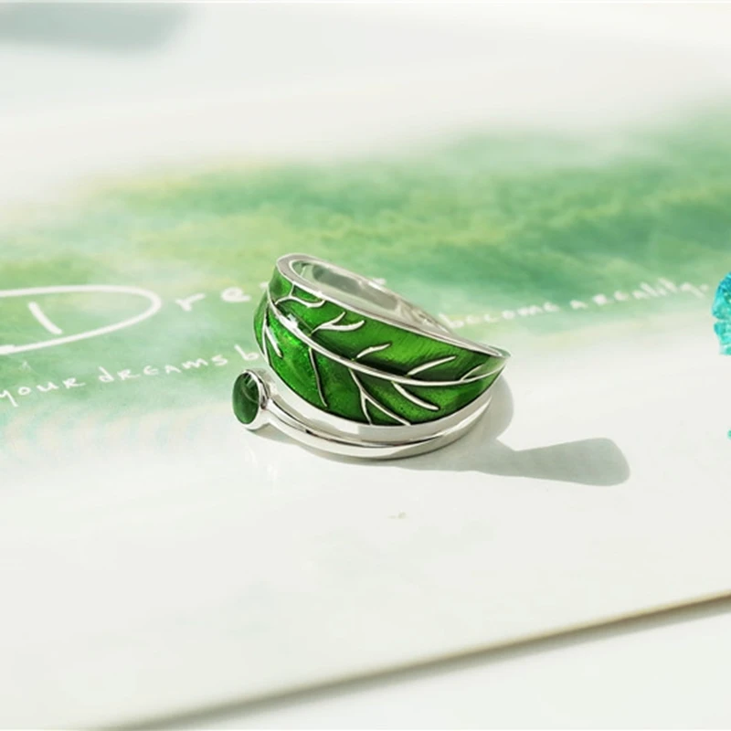 Женское кольцо с зелеными каплями из стерлингового серебра листьями|jewelry rings|jewelry