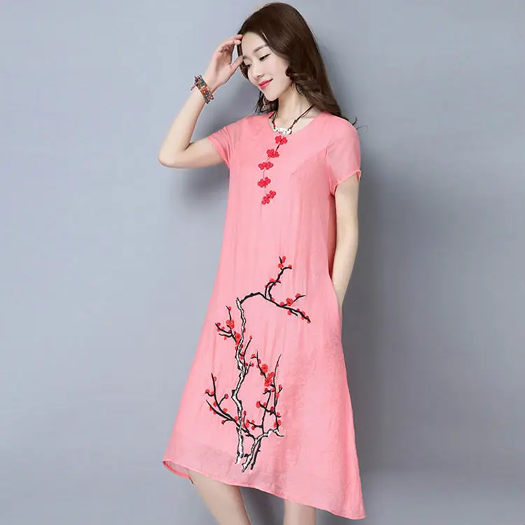 2017 New Style Summer Dress Women Chinese Retro Button Short Sleeve Fashion Girl National Wind Embroider Loose | Женская одежда