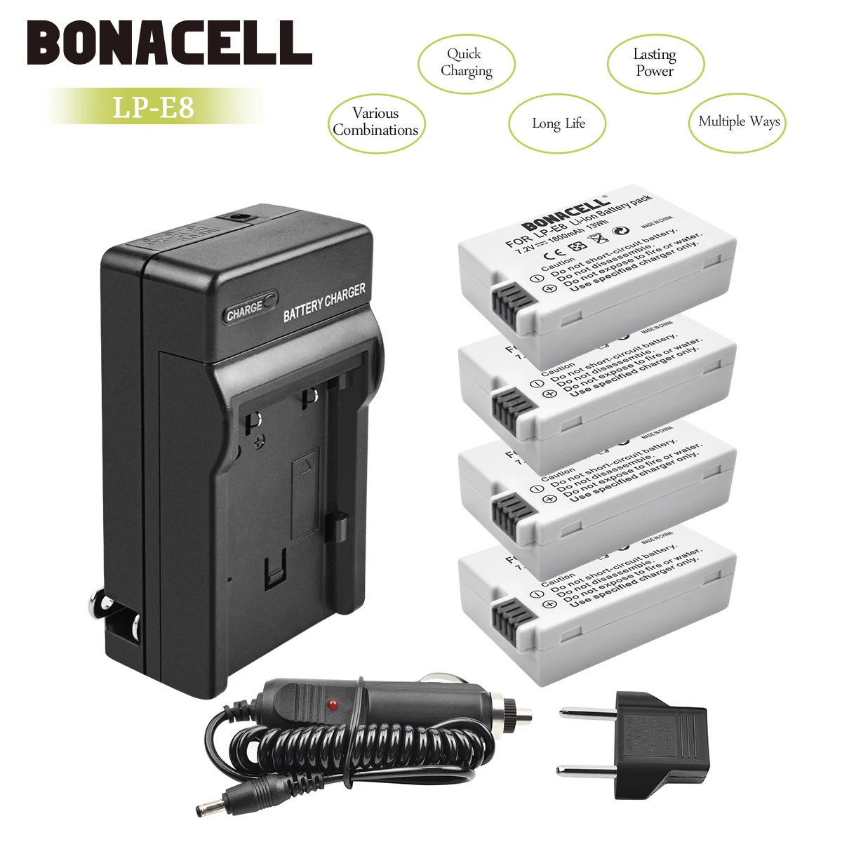 4X Battery Charger Bonacell LP-E8 LP E8 LPE8 Камера Батарея+ Зарядное устройство для цифровой однообъективной зеркальной камеры Canon EOS 550D 600D 650D 700D поцелуй X4 X5 X6i X7i Rebel T2i T3i T4i T5 L50 - Цвет: 4X Battery Charger