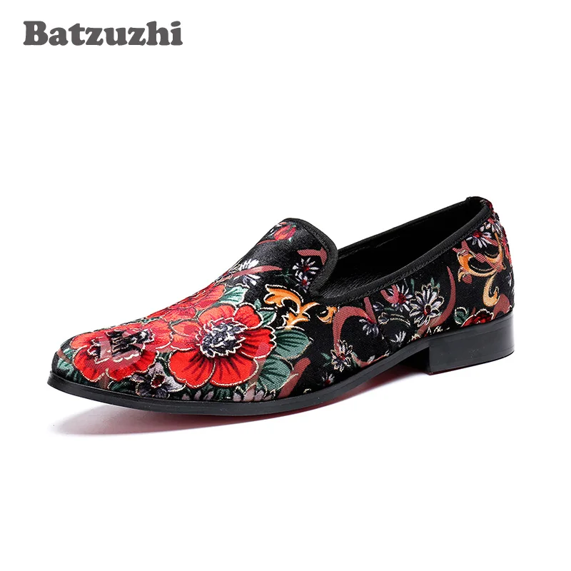 Batzuzhi Handmade Men Shoes Fashion Genuine Leather Loafers Print Flowers chaussure homme Party Casual Leather Shoes Men, Big 46