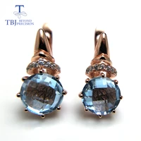 tbjnew natural sky blue topaz checkerboard cutting round 8mm 4 6 gemstone clasp earring 925 sterling silver rose gold