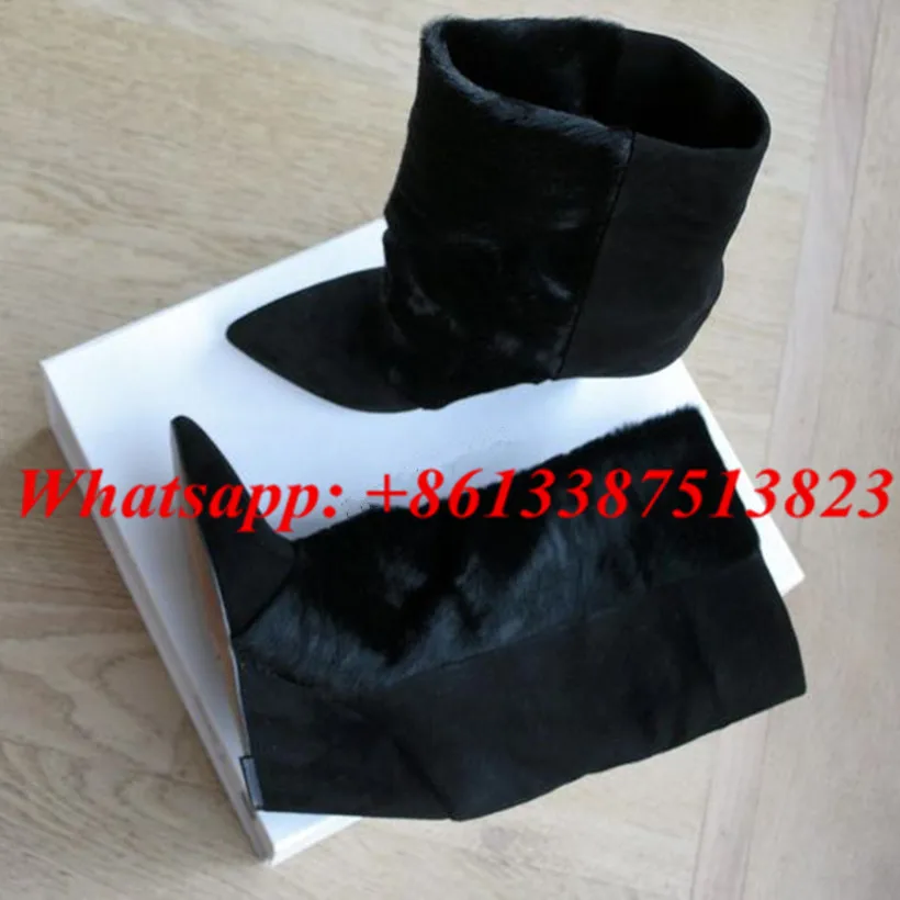 Черные замшевые конский волос в стиле пэчворк женские ботинки на танкетке с