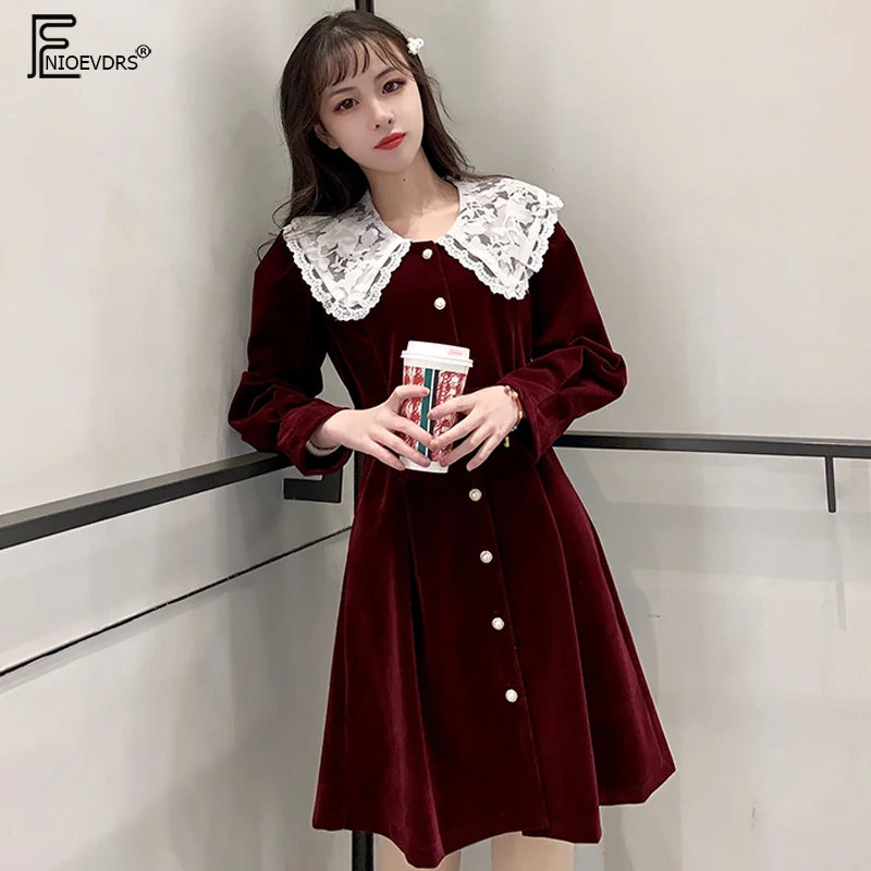 

2019 весенне-зимние базовые мини-платья для женщин, маленькое черное платье трапециевидной формы, милое Сетчатое кружевное платье-рубашка с пуговицами для девочек