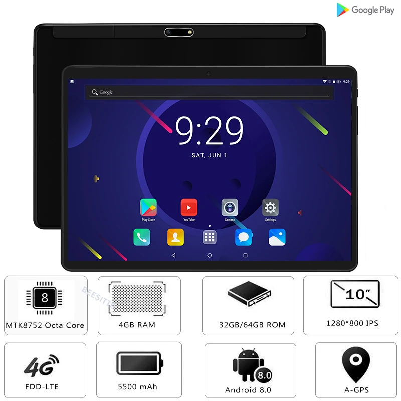 4 ГБ ОЗУ 64 Гб ПЗУ 10 дюймов планшетный ПК Восьмиядерный 3g 4G LTE FDD Android 8,0 OS PC планшеты 10," ips 2.5D экран из закаленного стекла