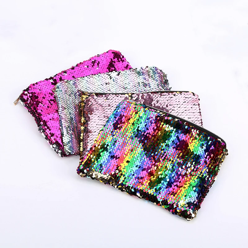 

100PCS / LOT Women Fashion Portable Cosmetic Bags Double Color Mermaid Sequins Travel Cosmetic Bag Makeup Pouch