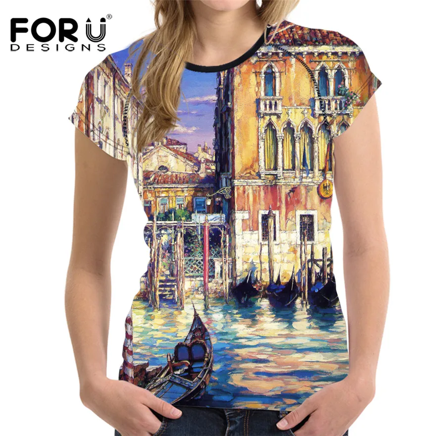 Модные футболки FORUDESIGNS с 3D рисунком пейзажа Женская Повседневная футболка для