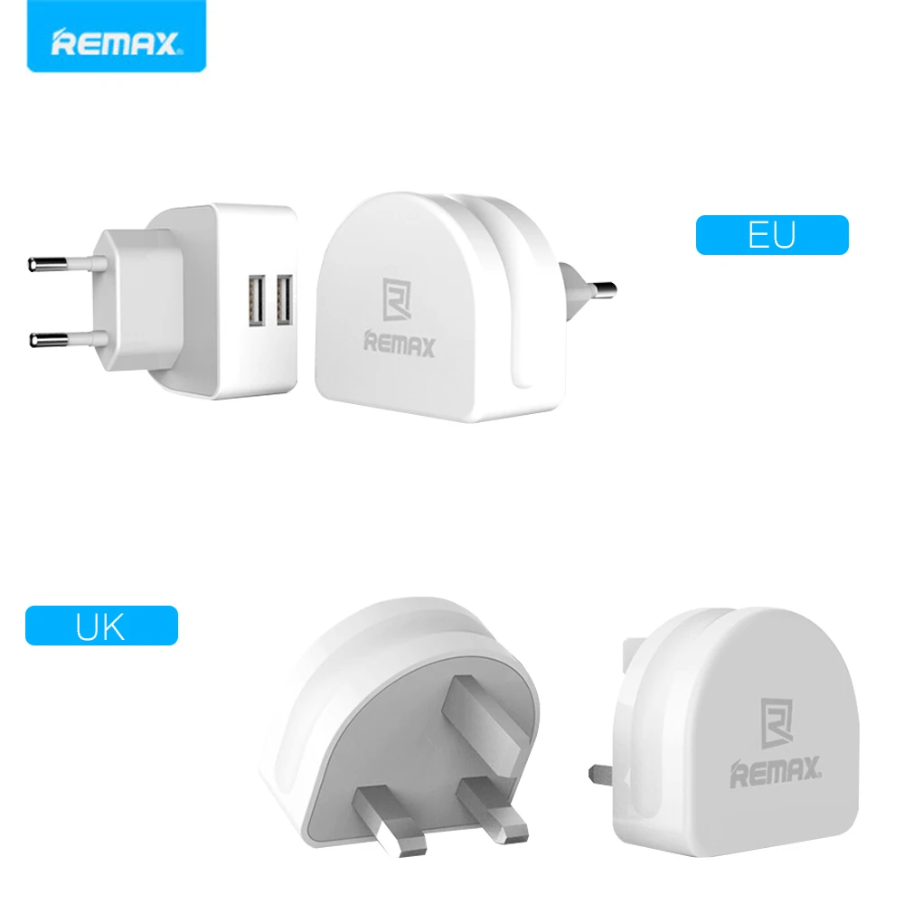 Remax портативное 2-портовое USB зарядное устройство для телефона EU/UK вилка