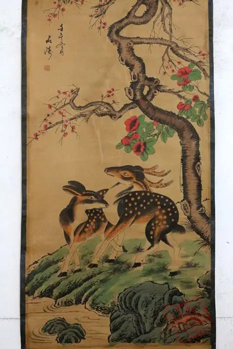 Античная китайская каллиграфическая живопись ручной росписи QingDynasty-олень, декоративные фрески, поделки/Коллекция и украшение