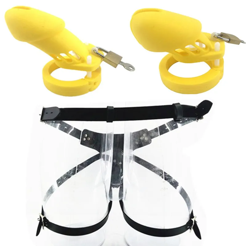 

Yellow CB6000 CB6000S Male Chastity Cage Wearable Belt Silicone Cock Cage with 5 Base Ring Penis Cage Adult Game for Men G7-2-28