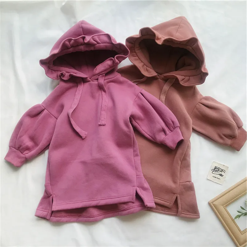 WLG girls winter velvet dresses kids hooded long sleeve ruffle thick dress baby casual all match rose red khaki warm clothes 2-7 | Детская