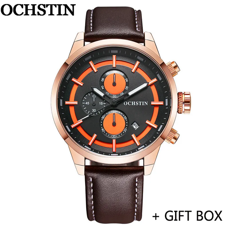 GQ049B01 with box OCHSTIN мужские наручные часы Топ люксовый бренд Хронограф Календарь из натуральной кожи мужские Кварцевые военные армейские часы спортивные мужские часы 049 - Цвет: GQ049B01 with box