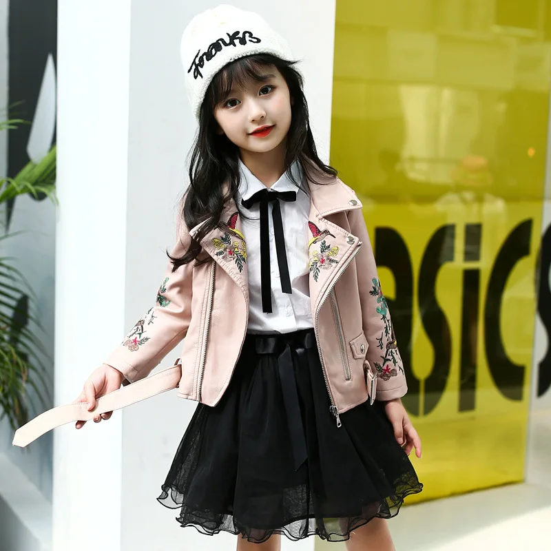 Детская куртка из ПУ кожи на молнии с вышивкой|girls outwear|fashion outwearchildren's leather coat |