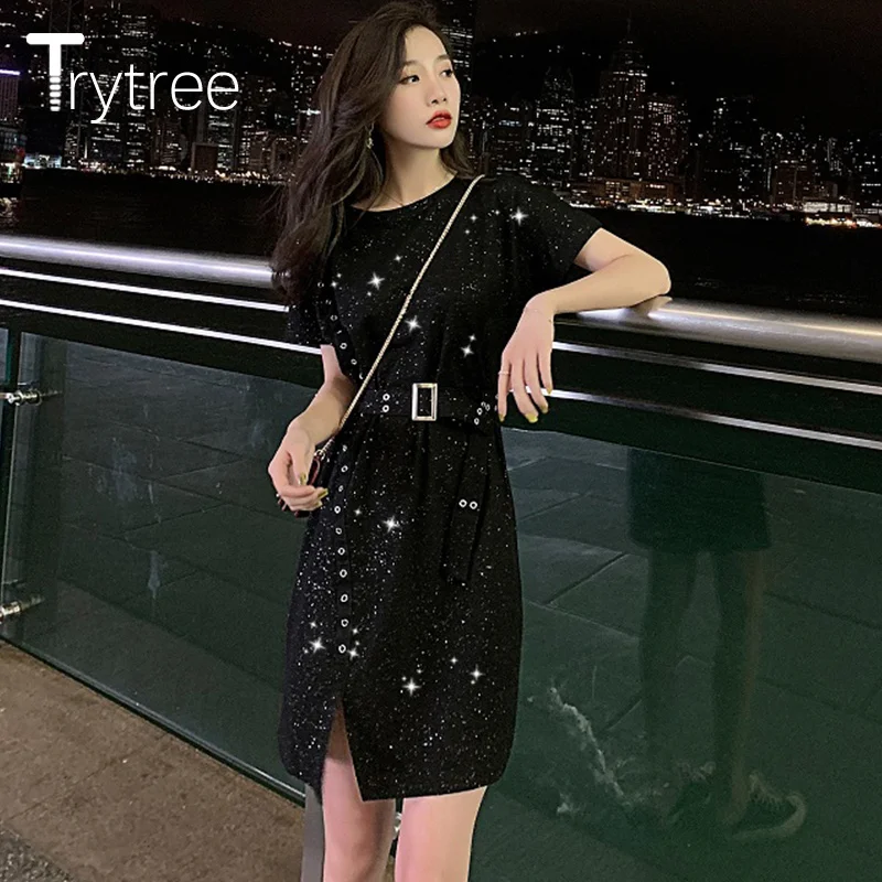 Trytree летнее Повседневное платье женское блестящее в горошек однотонное полиэфирное вечернее платье с круглым вырезом и поясом прямое платье выше колена Повседневное платье-футболка