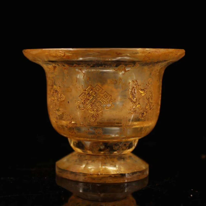 

Exquiste Chinese old-style coloured glaze carved with aupicious eight treasures painting golden consecrate cup