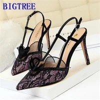 bigtree 9cm sexy floral lace high heels sandals women cut outs buckle party sandals shallow ladies pointed toe pumps back strap