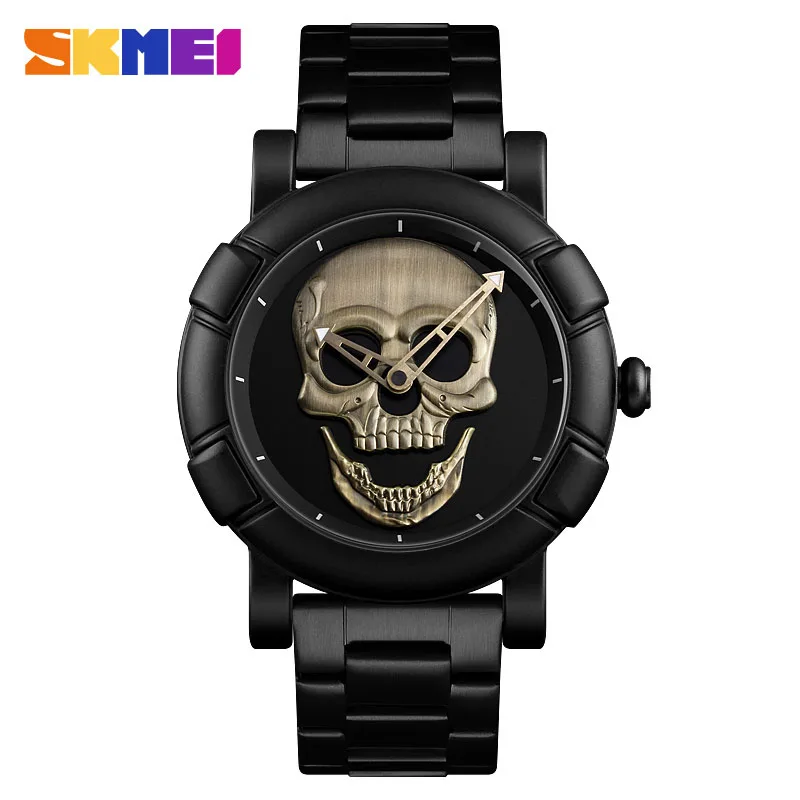 Gold 2 SKMEI Skull часы мужские часы люксовый бренд кварцевые часы спортивные водонепроницаемые из нержавеющей стали мужские Wristatch Reloj военные часы 9178 - Цвет: Gold 2