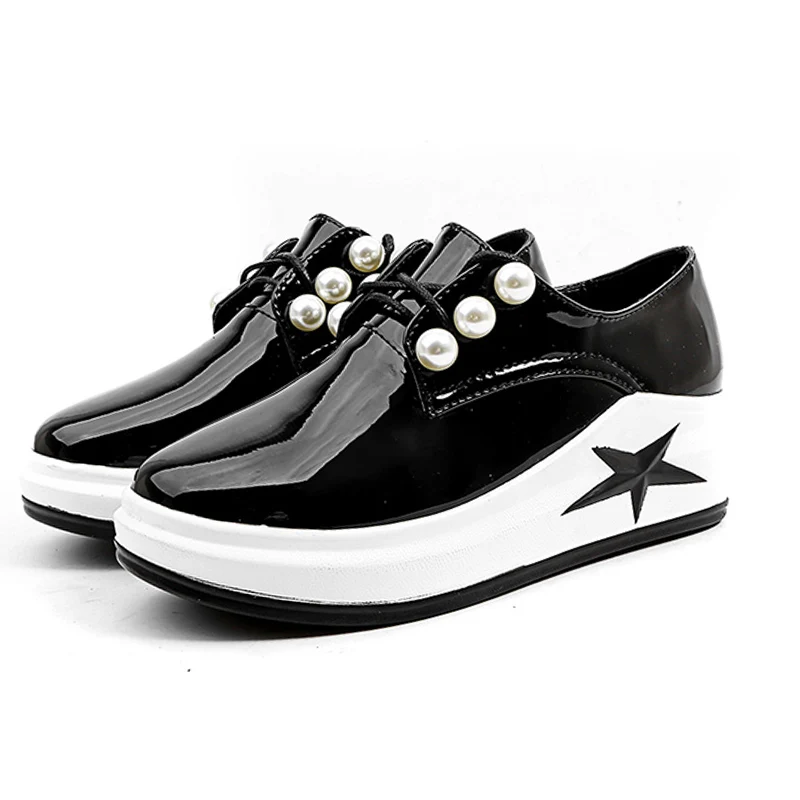 JK 2018 New Fashion Casual Women Flats Lace Up Wedges Pearl Round Toe Footwear Spring Platform Flock Ladies Elevator Shoes | Обувь