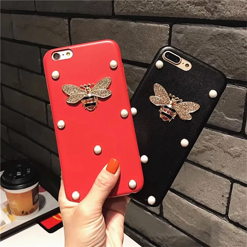 Роскошный кожаный 3D чехол LUDI с металлическим бриллиантом и Пчелой для iPhone X/6/7/8 из