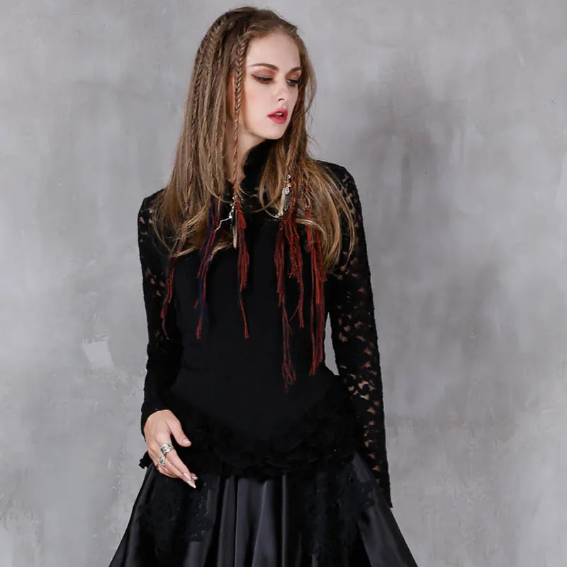 2017 Для женщин Футболки для стрейч Elegent Кружево лоскутное воротник-стойка с