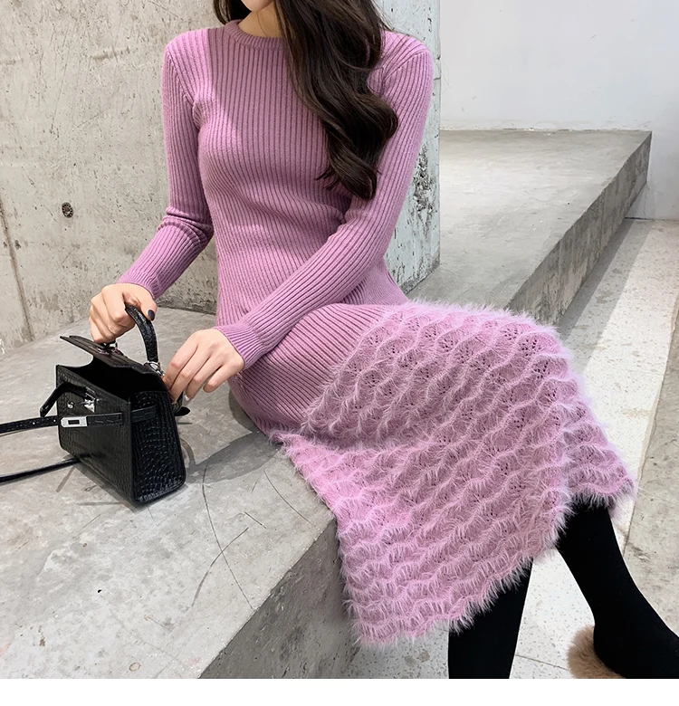 Women Knitted Sweater And Pullovers Korean Fashion Style Dress Winter And Autumn New Solid Knitted Dress