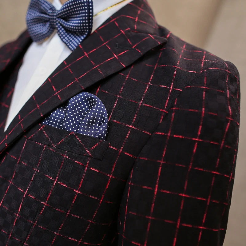 2016 Мужские Костюмы Красный Плед Дизайн Выпускного Вечера Смокинг Костюм для