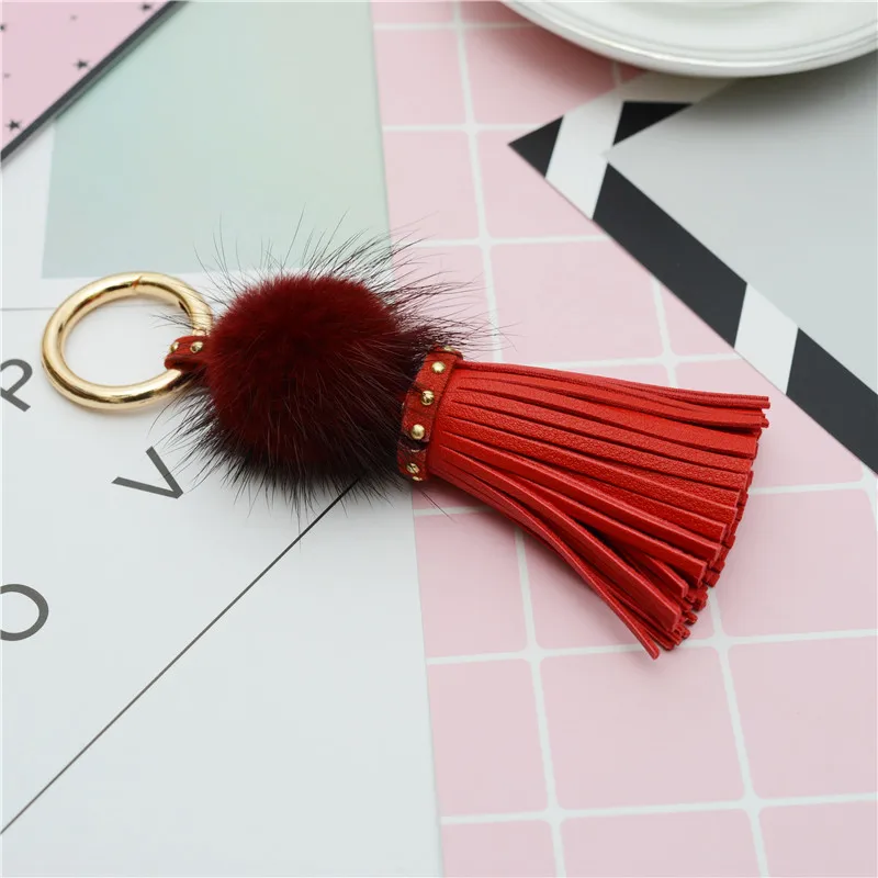 

Leather Tassels With Mink Fur Ball Key Chain With One Tassels For Car Keychain Bag Key Ring Jewelry EH812