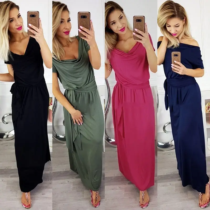 

Женское винтажное длинное платье, повседневное длинное Бандажное платье с открытыми плечами, однотонные вечерние пляжные платья