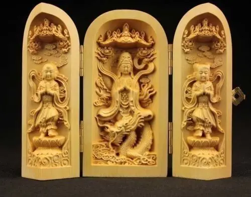 Редкая китайская ручная работа резной Boxwood длинная KWAN YIN шкатулка с амулетом
