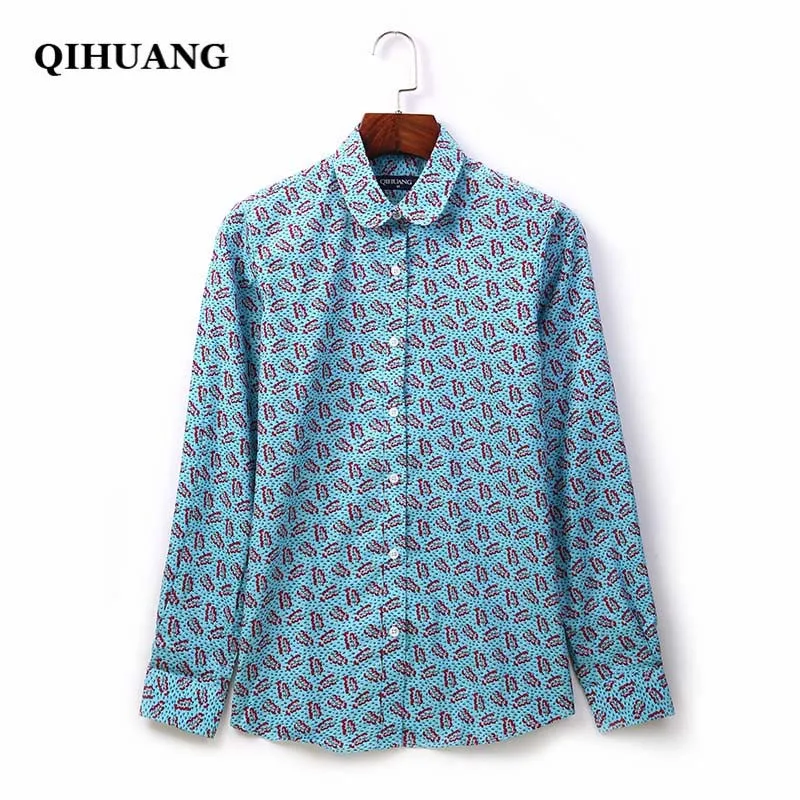 Женские хлопковые блузки QIHUANG с длинным рукавом и отложным воротником большие