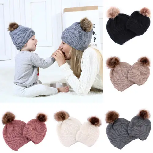 New Winter Mother Baby Knit Wool Warm Hat Soft Cotton Turban Knot Pom Bobble Kid Girl Boys Family Beanie Cap | Детская одежда и
