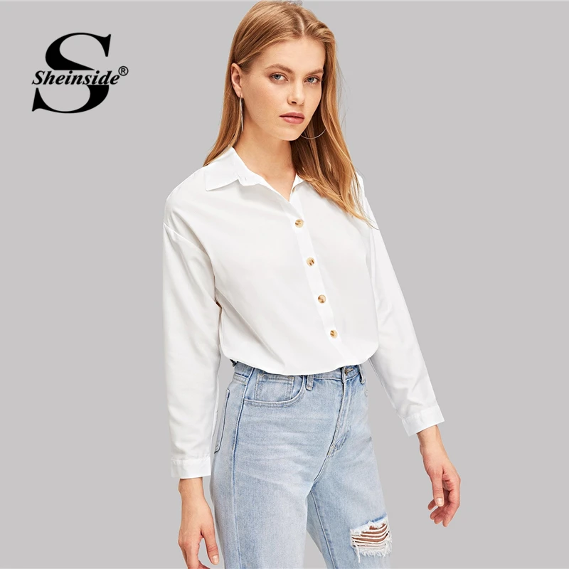 Sheinside, одноцветная белая блузка на пуговицах, рубашка, офисная, для девушек, OL, для работы, с длинным рукавом, Топ для женщин, осень, Женские топы и блузки