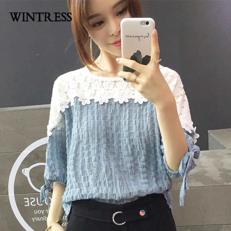 WINTRESS Новое Прибытие Лоскутная Женщины Блузка О-Образным Вырезом Кружева Цветы