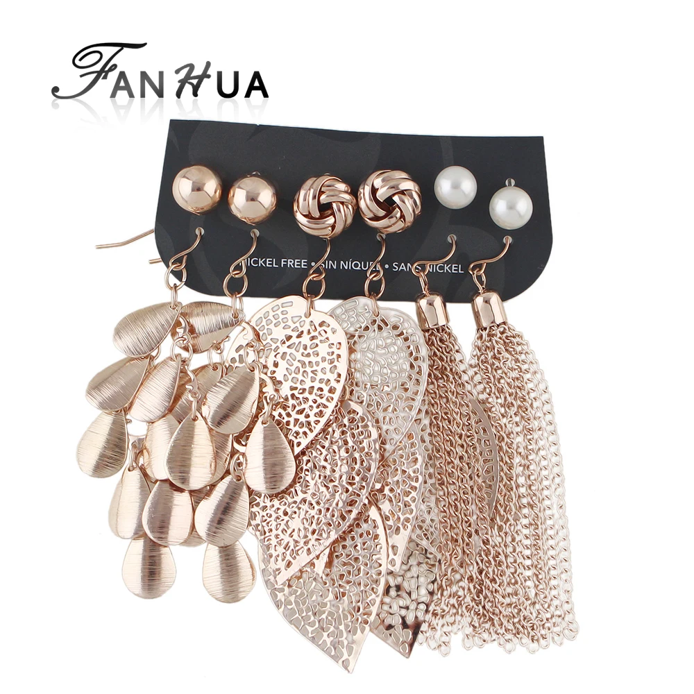 Fanhua 6 пар/компл. Water Drop Leaf кисточкой с длинным себе Серьги для Для женщин золото
