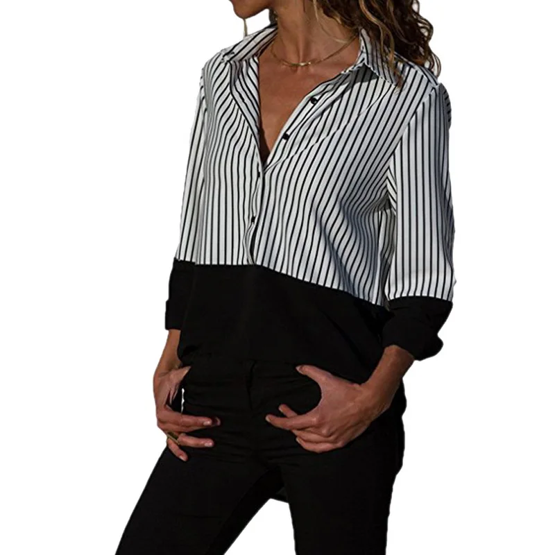 LAAMEI 2018 Autumn Women Striped Long Sleeve Shirt Patchwork Loose Blusas Femme Casual Tops Sexy Tee Plus Size 5XL |