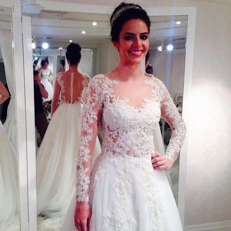 Vestido De Noiva, свадебное платье с длинными рукавами, кружевные аппликации, свадебные платья занавески с круглым вырезом, ТРАПЕЦИЕВИДНОЕ свадебное платье с бисером