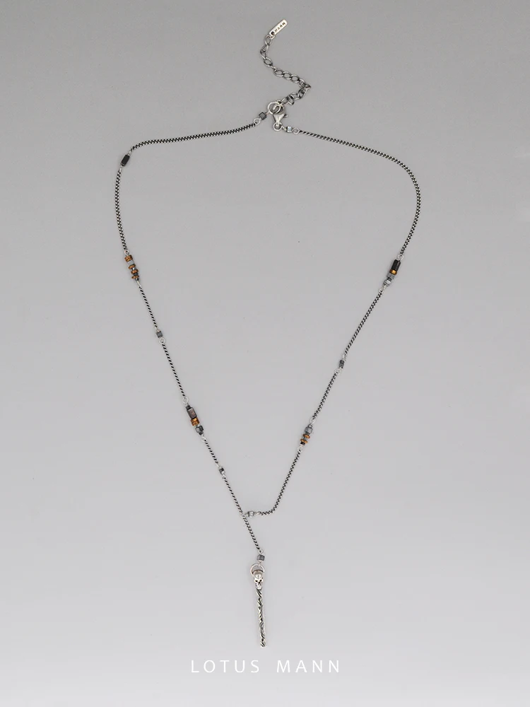 

Lotus Mann 925 silver and metallic black gallstone gimmick long pendant fine necklace