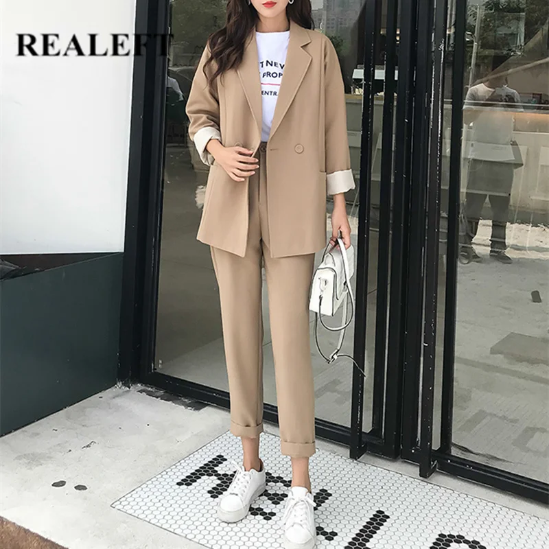 REALEFT 2019 новые осенние зимние повседневные однотонные женские брюки костюмы