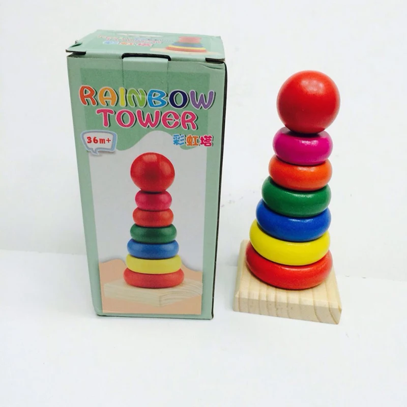 

Montessori Kid Education Funny Toys Wooden Rainbow Tower Colorful Rings Stacked Toys For Boy Girl Kids Baby Gift
