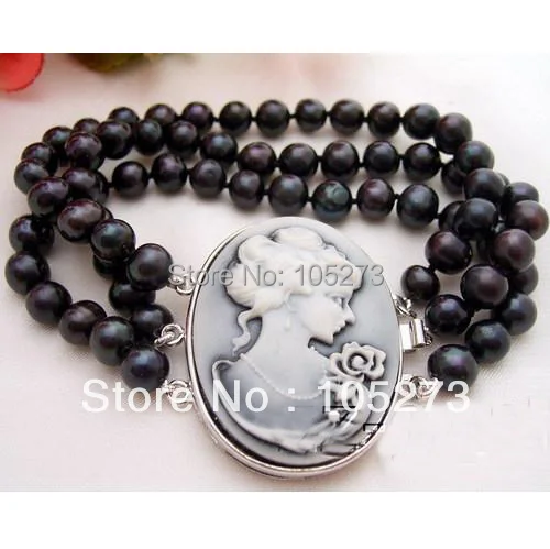 

Top Quality Wholesale AA 7-8MM 3Rows Natural Black Round Genuine Freshwater Pearls Bracelet 8inch Shell Clasp New Free Shipping