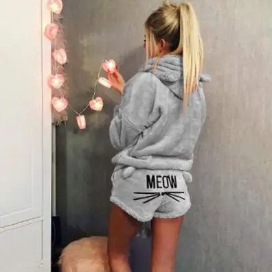 Женский бархатный костюм кораллового цвета из двух частей, осенне-зимняя Пижама, теплая одежда для сна с милым рисунком кота, худи и шорты, набор, новинка - Цвет: Серый