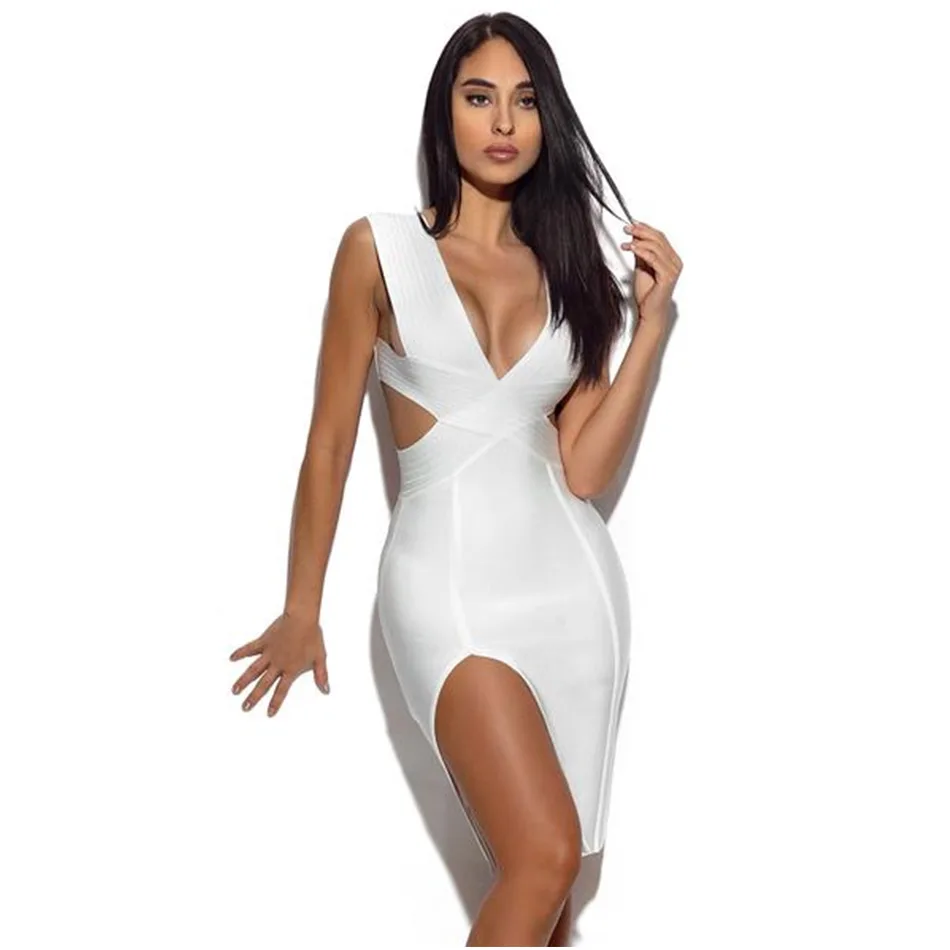 Облегающее женское платье с глубоким V образным вырезом и разрезом|bandage dress|bodycon
