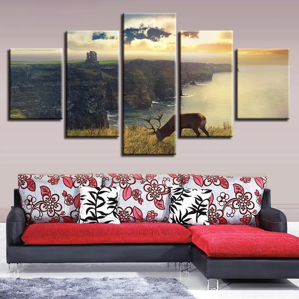 

Decoration Room Wall Home Art 5 Pieces Animal Deer And Mountain Seascape Painting Frame Modular Canvas Poster Pictures HD Prints