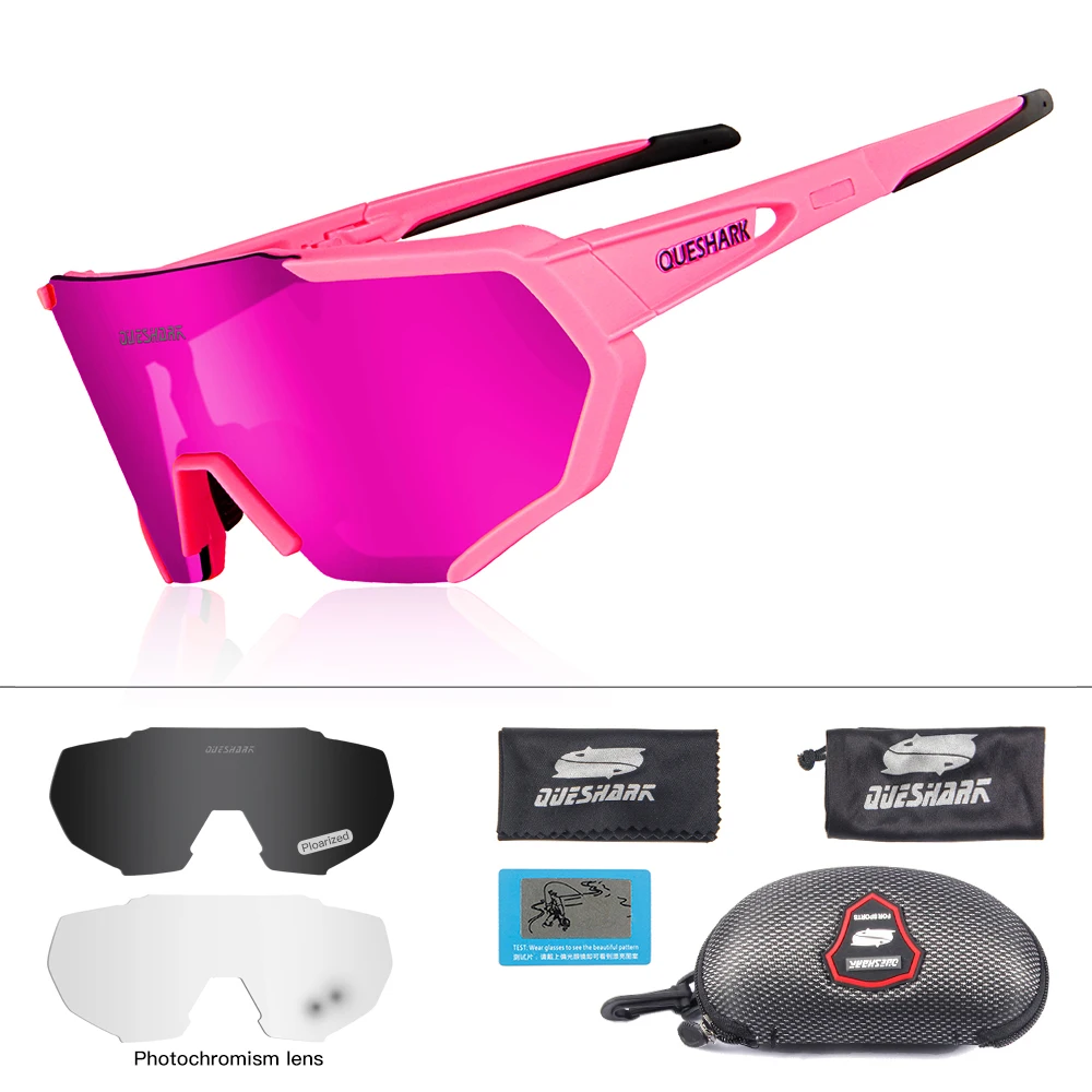 Pink QUESHARK, дизайн, фотохромные велосипедные очки для мужчин и женщин, велосипедные очки, велосипедные солнцезащитные очки, 4 линзы, зеркальные, UV400 очки - Цвет: Pink