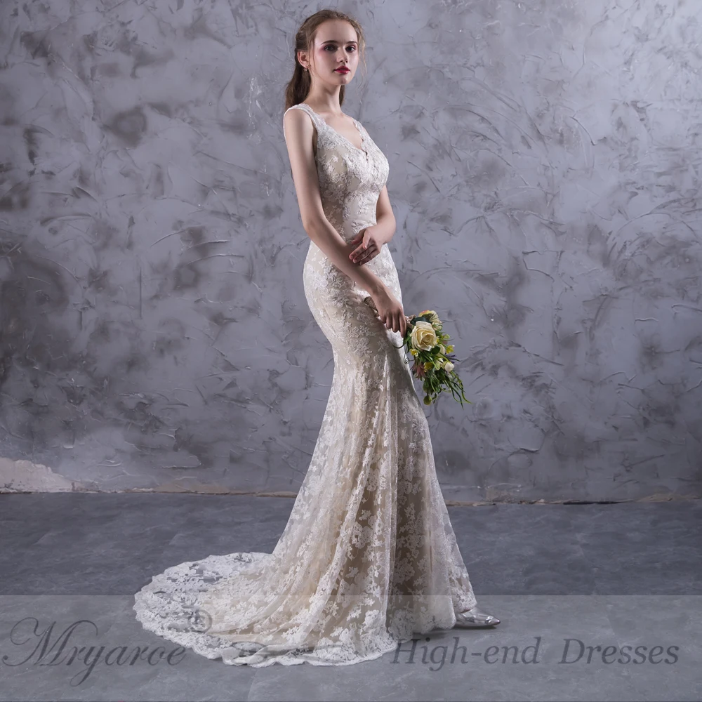 Mryarce vestido de novia Замочная скважина сзади Кружева Русалка Свадебные платья Свадебное платье с v-образным вырезом Свадебные платья «Принцесса»