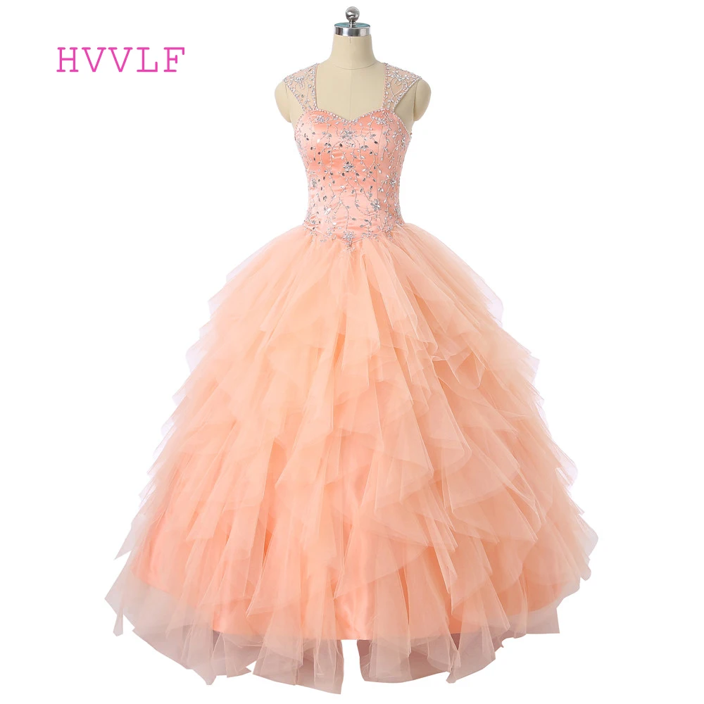 Персиковые Дешевые Бальные платья Quinceanera бальное платье милое Тюлевое с рукавами