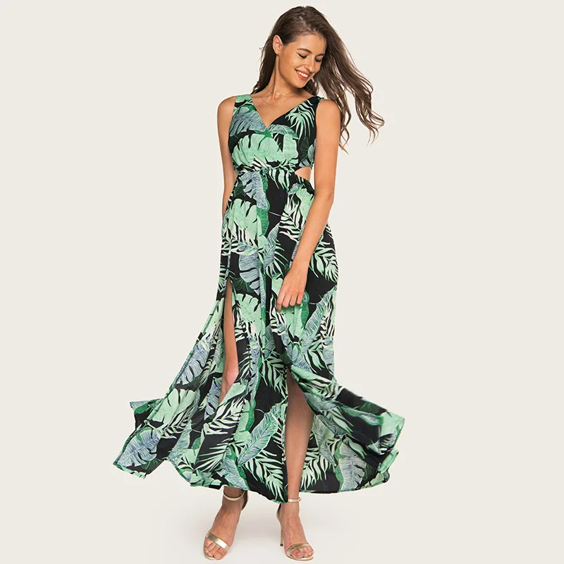 Сексуальное женское летнее богемное Платье макси с разрезом и листьями