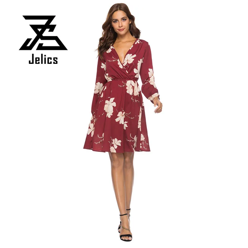 

Jelics fashion elegant flower printed summer women dress female sexy v neck long sleeve mini vestidos office lady dress