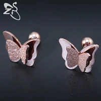 2019 new butterfly earrings rose gold color stainless steel stud earrings for women child frosted butterfly cartilage ear studs